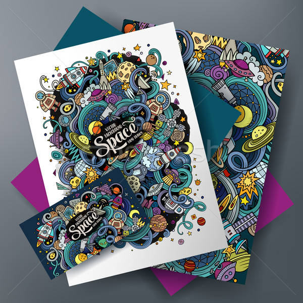 Stock photo: Cartoon cute vector doodles Space corporate identity set