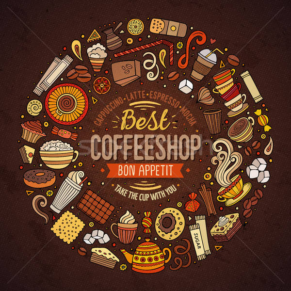 Conjunto café desenho animado rabisco objetos símbolos Foto stock © balabolka