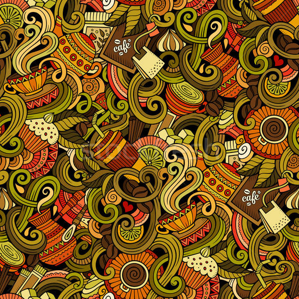 Cartoon hand-drawn doodles of cafe, coffee shop seamless pattern Stock photo © balabolka