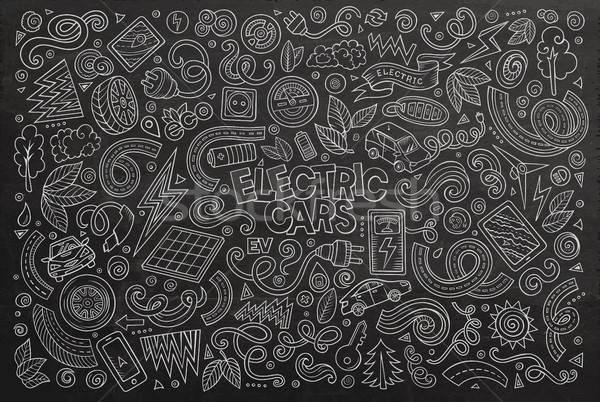 Chalkboard vector doodle cartoon set of Electric cars objects Stock photo © balabolka