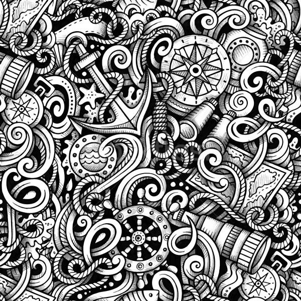 Cartoon hand-drawn doodles Nautical and Marine seamless pattern Stock photo © balabolka