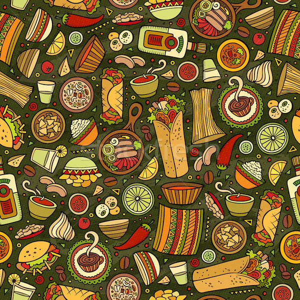 Cartoon cute hand drawn Mexican food seamless pattern. Stock photo © balabolka