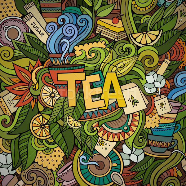 Stock photo: Tea hand lettering and doodles elements background. 