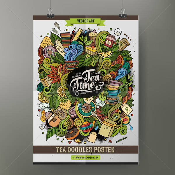 Stock photo: Cartoon hand drawn doodles Tea poster