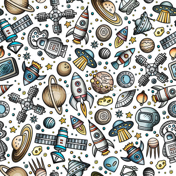 Cartoon hand-drawn space, planets seamless pattern Stock photo © balabolka