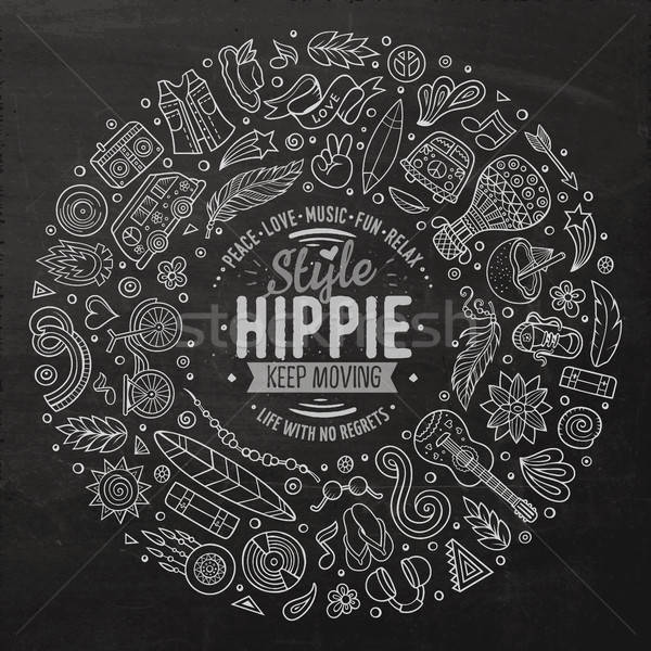 Set of Hippie cartoon doodle objects, symbols and items Stock photo © balabolka