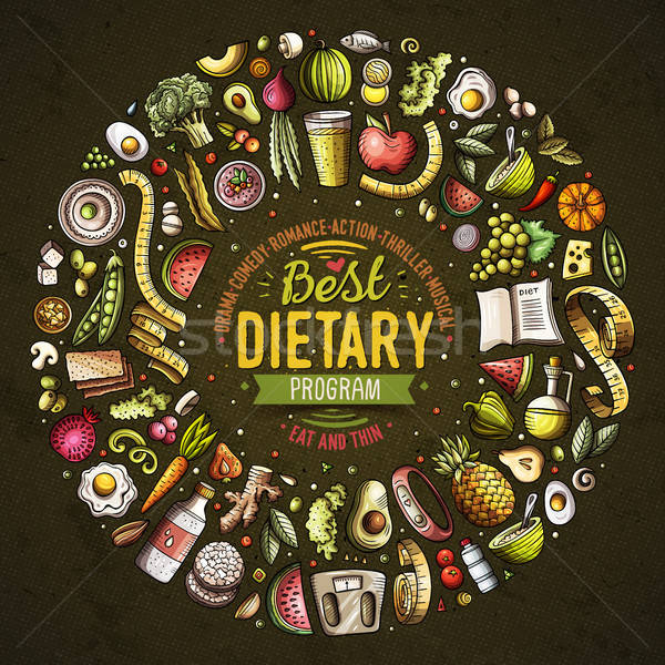 Set of vector cartoon doodle Diet food objects collected in a round border Stock photo © balabolka