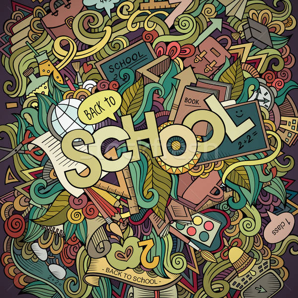 Foto stock: Escolas · desenho · animado · mão · elementos · rabisco
