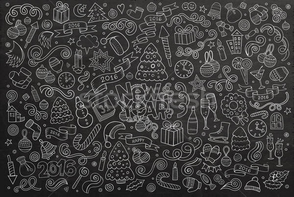 Chalkboard vector hand drawn Doodle set of New Year objects Stock photo © balabolka