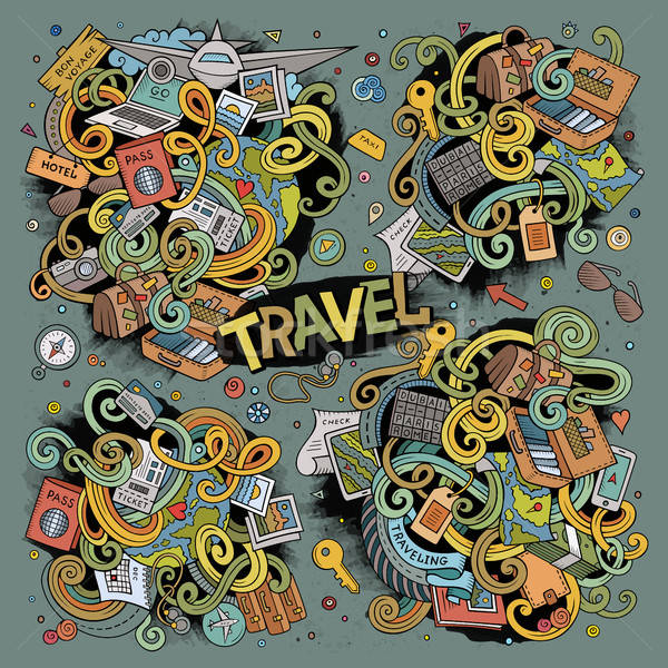 Vector doodle cartoon ingesteld reizen kleurrijk Stockfoto © balabolka