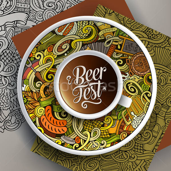 Cup of coffee Octoberfest doodles on a saucer, paper and background Stock photo © balabolka