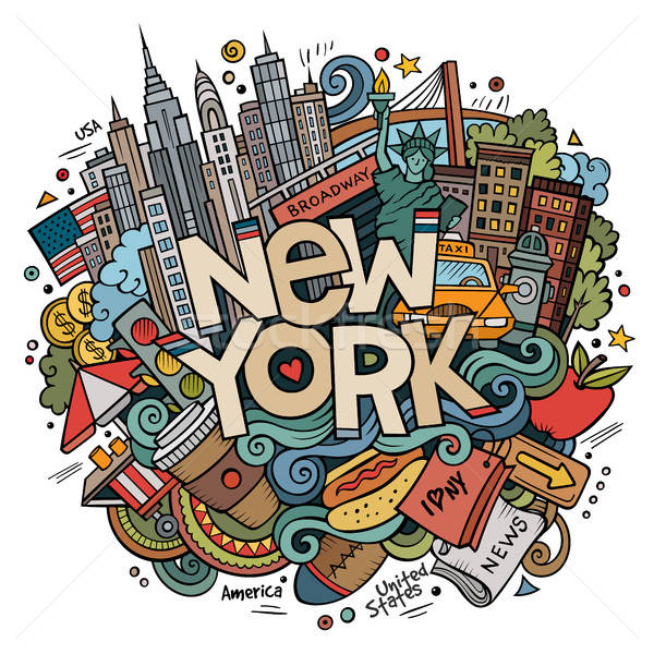 Stock photo: Cartoon cute doodles hand drawn New York inscription