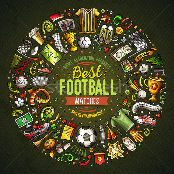 Set of vector cartoon doodle Football objects collected in a round border Stock photo © balabolka