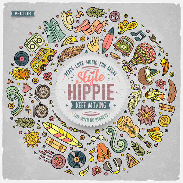Ingesteld hippie cartoon doodle objecten symbolen Stockfoto © balabolka