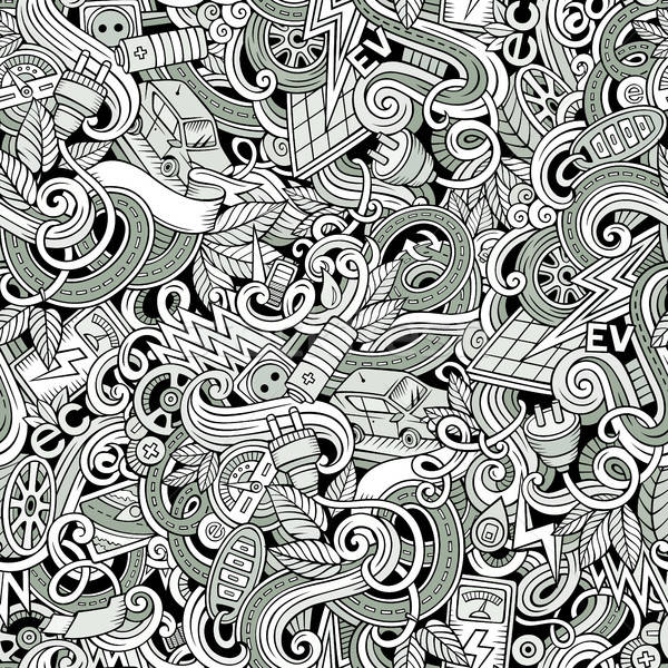Stock photo: Cartoon cute doodles hand drawn Electric vehicle seamless pattern