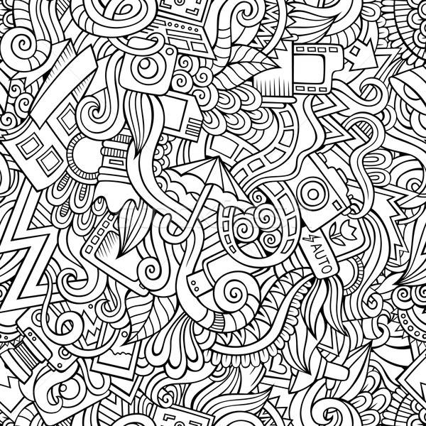 Stock photo: Cartoon hand-drawn doodles of photography  seamless pattern
