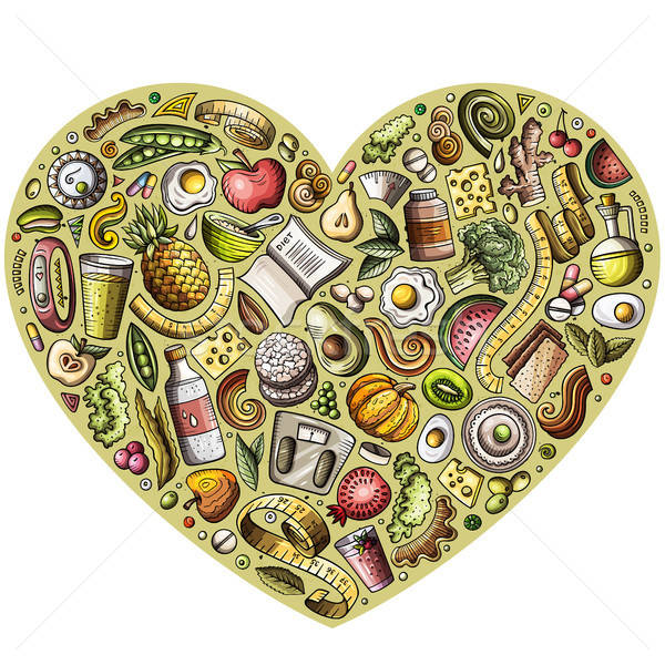 Set of vector cartoon doodle Diet food objects collected in a heart Stock photo © balabolka
