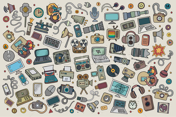 Color vector hand drawn Doodle set equipment and devices objects Stock photo © balabolka