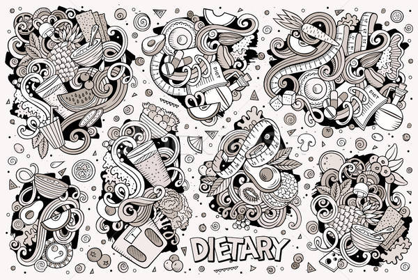 Stock photo: Vector doodles cartoon set of Diet food combinations of objects and elements