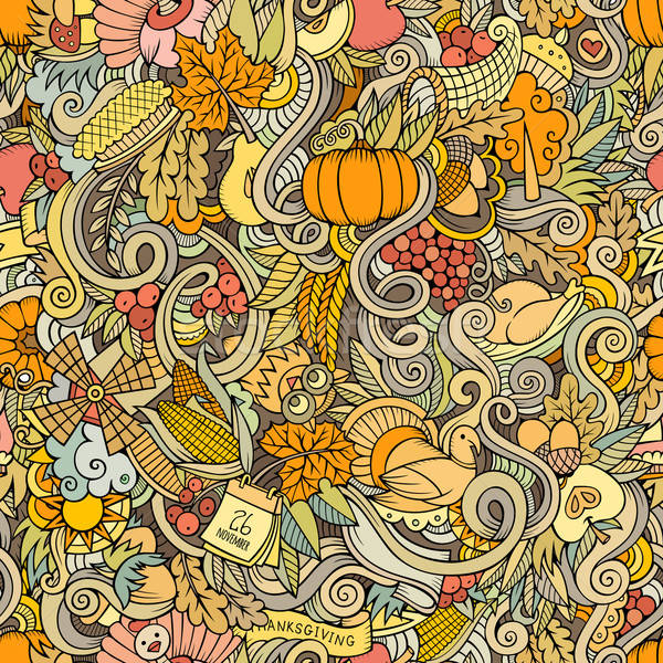 Thanksgiving autumn symbols, food and drinks seamless pattern.  Stock photo © balabolka