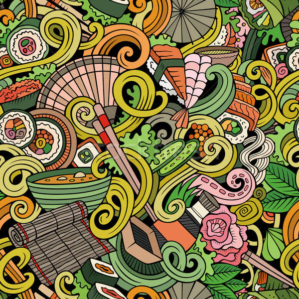 Cartoon hand-drawn doodles of japanese cuisine seamless pattern Stock photo © balabolka