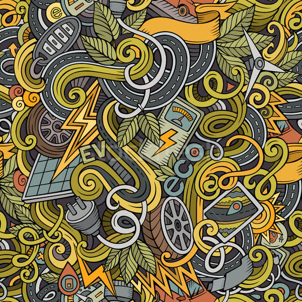 Stock photo: Cartoon cute doodles hand drawn Electric vehicle seamless pattern