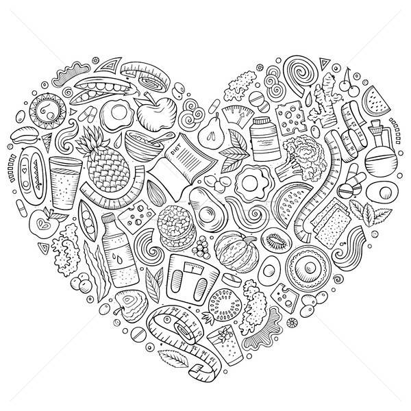 Set of vector cartoon doodle Diet food objects collected in a heart Stock photo © balabolka