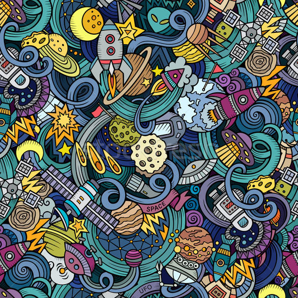 Cartoon hand-drawn doodles on the subject of space seamless pattern Stock photo © balabolka