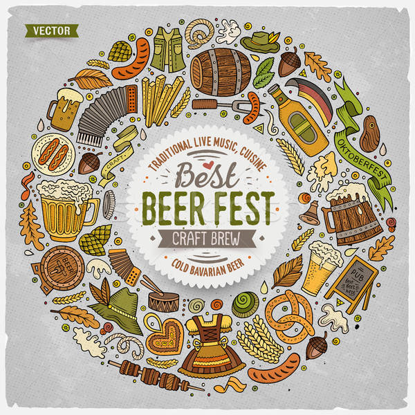 Set of Beer fest cartoon doodle objects round frame Stock photo © balabolka
