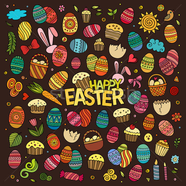 Stock photo: Colorful vector hand drawn doodles cartoon set of Easter objects