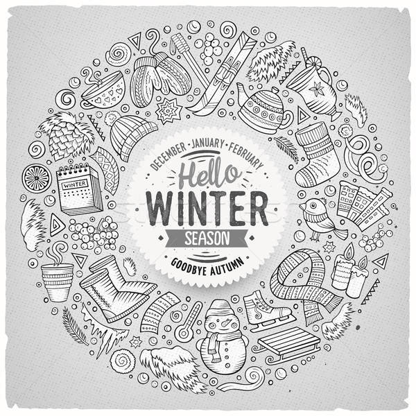 Set of Winter cartoon doodle objects, symbols and items Stock photo © balabolka