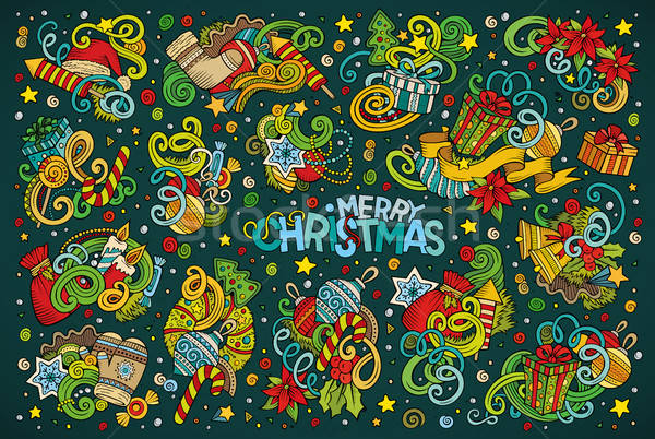 Doodle cartoon set of New Year and Christmas objects Stock photo © balabolka