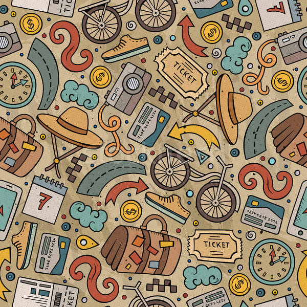 Stock photo: Cartoon Traveling seamless pattern with lots of objects