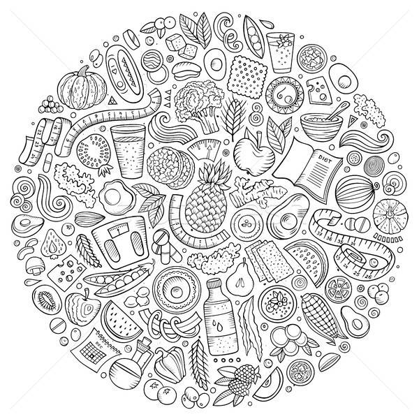 Set of vector cartoon doodle Diet food objects collected in a circle Stock photo © balabolka