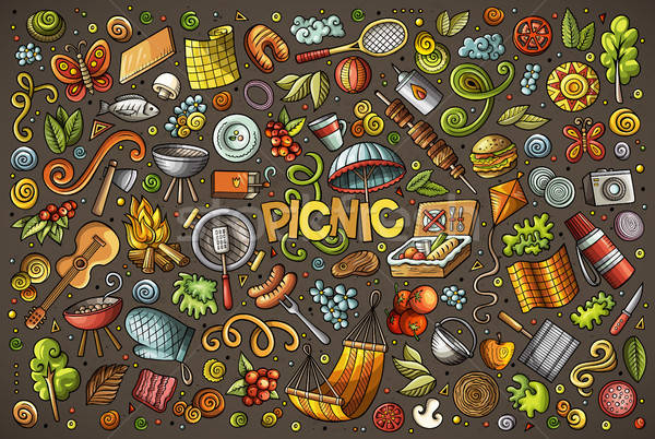 Zdjęcia stock: Gryzmolić · cartoon · zestaw · piknik · obiektów · kolorowy
