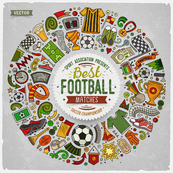 Set of vector cartoon doodle Football objects collected in a round border Stock photo © balabolka