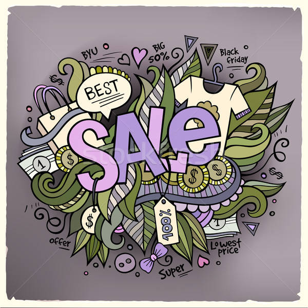 Stock photo: Sale cartoon hand lettering and doodles elements background