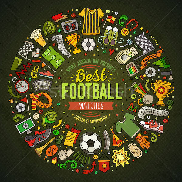 Set of vector cartoon doodle Football objects collected in a round border Stock photo © balabolka