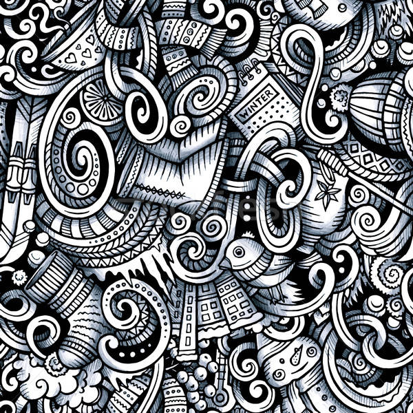 Stock photo: Cartoon doodles Winter season trace seamless pattern