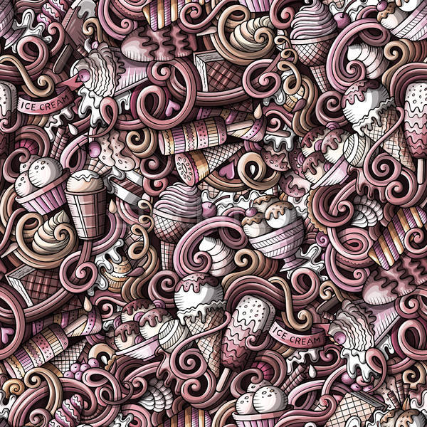 Stock photo: Cartoon hand-drawn ice cream doodles seamless pattern