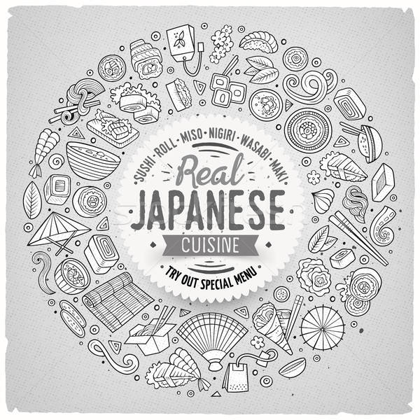 Stock photo: Set of Japanese food cartoon doodle objects, symbols and items
