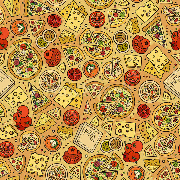 Stock photo: Cartoon cute hand drawn Pizza seamless pattern.