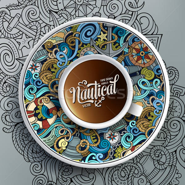 Csésze kávé kézzel rajzolt tengerészeti firkák csészealj Stock fotó © balabolka