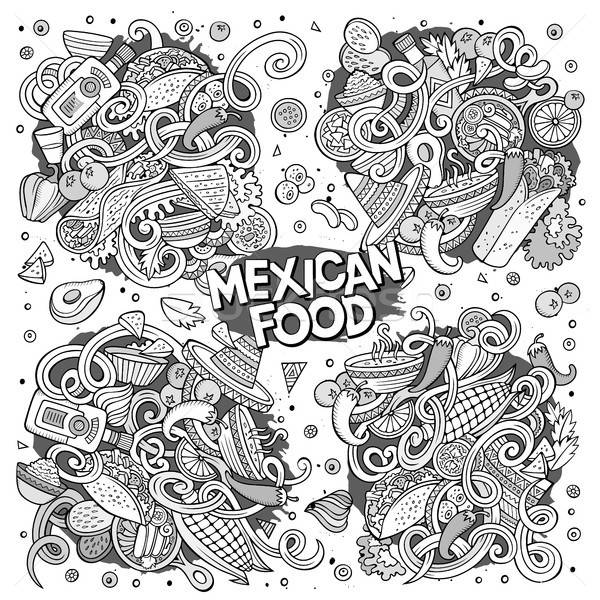 Stockfoto: Cartoon · ingesteld · mexicaans · eten · doodle · ontwerpen · lijn