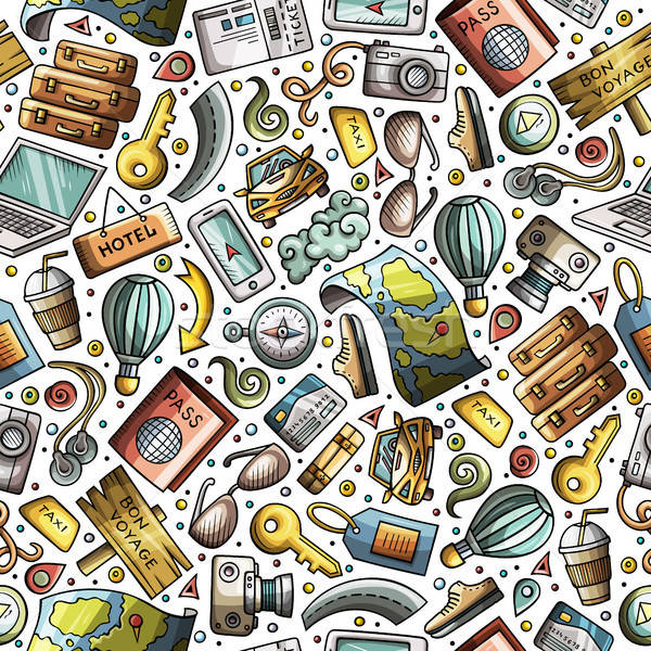 Stock photo: Cartoon Traveling seamless pattern with lots of objects
