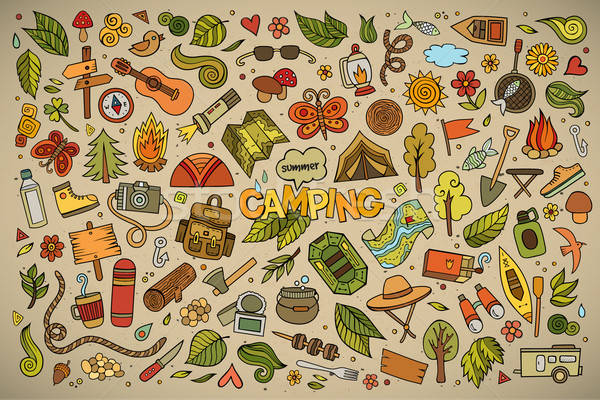 Camping naturaleza símbolos objetos dibujado a mano vector Foto stock © balabolka