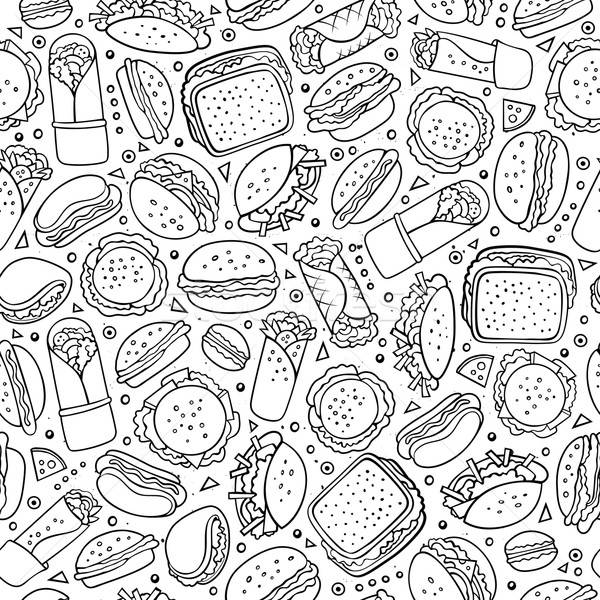 Cartoon cute hand drawn Fast food seamless pattern. Stock photo © balabolka