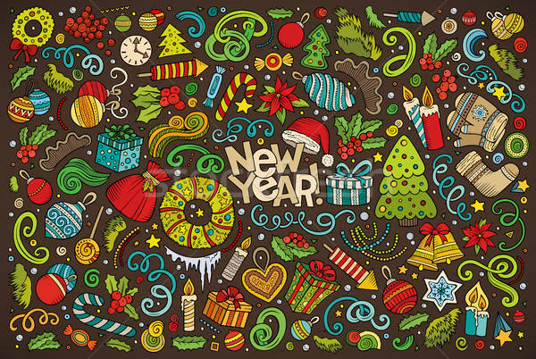 Doodle cartoon set of New Year and Christmas objects Stock photo © balabolka