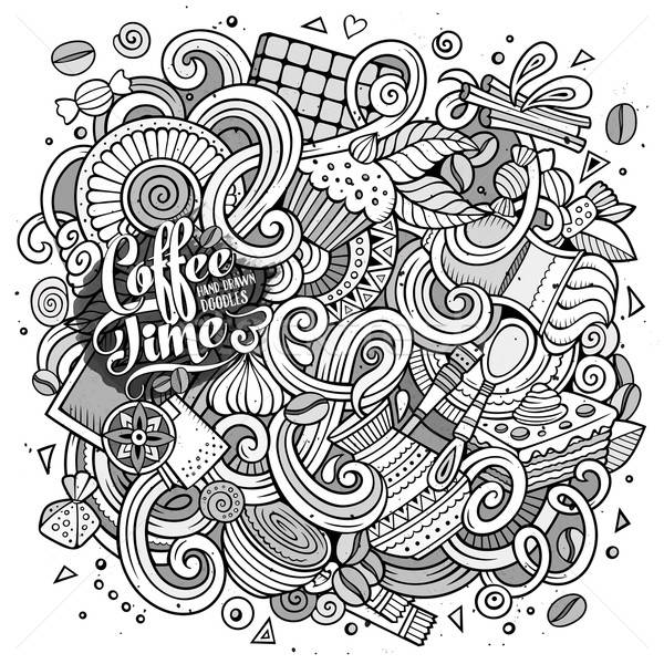 Cartoon hand-drawn doodles of cafe, coffee shop background Stock photo © balabolka