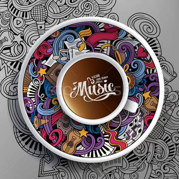 Stock photo: Cartoon hand-drawn doodles Musical cup of coffee